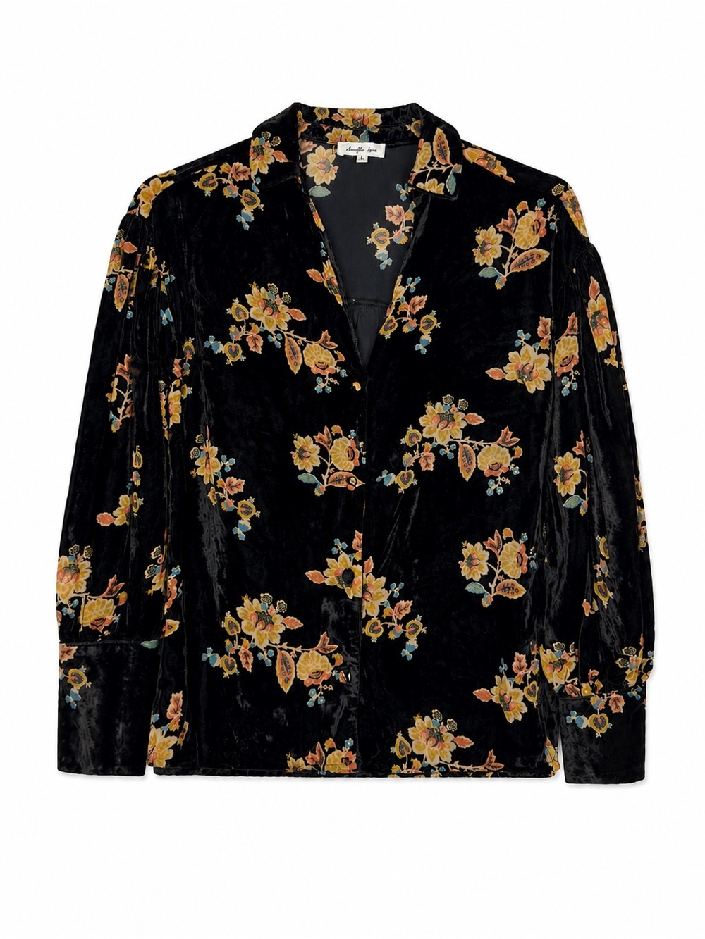 Another Love Women’s Small Black Floral Velvet Button Front Blouse